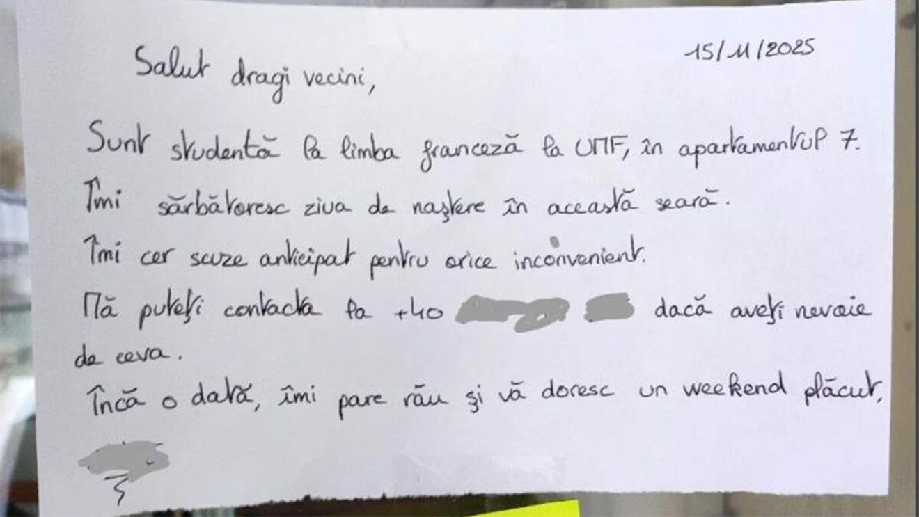 Bilețelul lipit pe afișier prin care o studentă din Cluj și-a anunțat vecinii că "îmi sărbătoresc ziua în această seară". Ce s-a întâmplat la 23:59