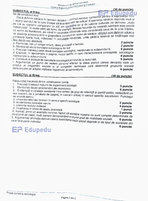Subiect sociologie/ Sursa foto: Edupedu.ro