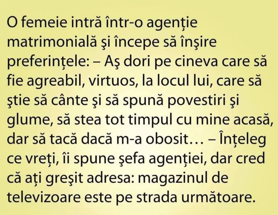BANC | O femeie intră într-o agenție matrimonială