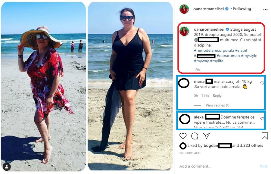 Ieri, Oana Roman a făcut public un colaj în care se observă cât de mult a slăbit din vara anului trecut până în prezent © Instagram