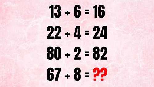 TEST IQ | Dacă 13+6=16, 22+4=24, 80+2=82, atunci cât face 67 + 8 = ?