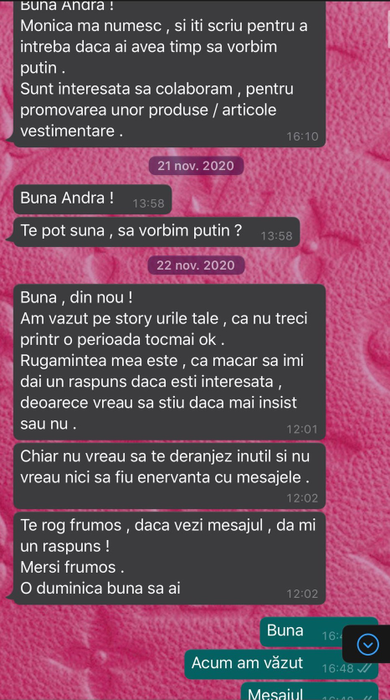 Conversația dintre Andra Voloș și tânăra care o acuză că nu a respectat barterul /  Sursă foto: CANCAN