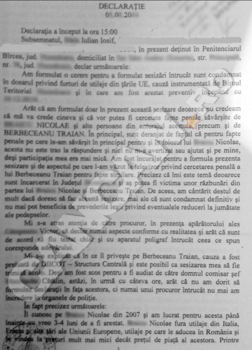 Declaraţia dată de denunţător în faţa procurorilor DIICOT