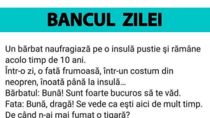 BANC | Un bărbat naufragiază pe o insulă pustie. După 10 ani, vine la el o fată frumoasă, în costum de neopren