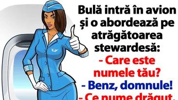 BANC | Bulă intră în avion și o abordează pe atrăgătoarea stewardesă: Care e numele tău?