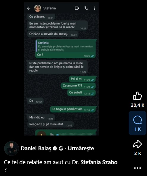 Ce mesaje i-a trimis medicul Ștefania Szabo lui Daniel Balaș. Fostul preot le-a făcut publice: „Nu sunt bine deloc”