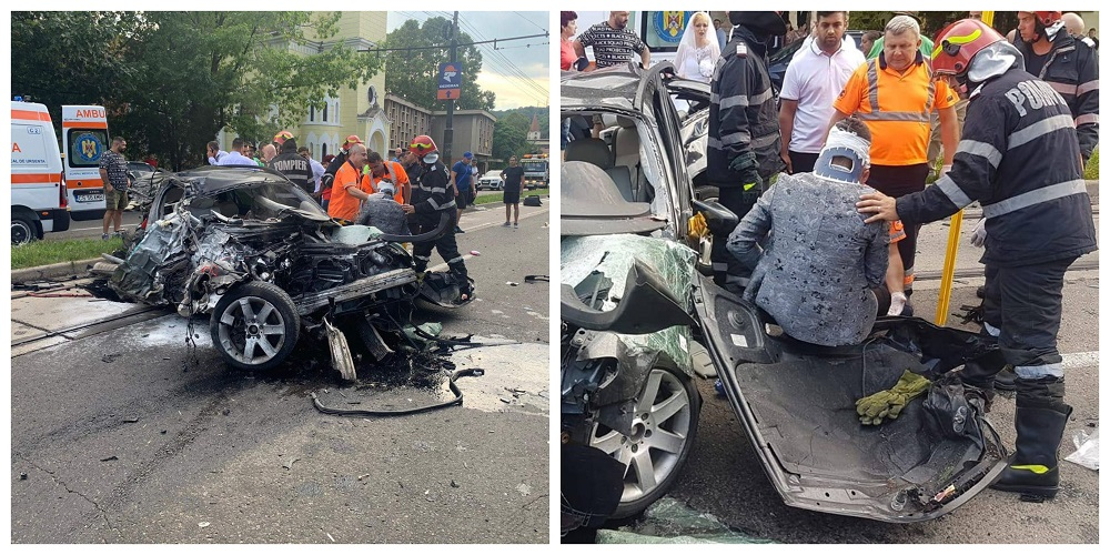 Blestem chiar în ziua nunții?! Aflat într-un BMW, un mire a provocat un accident înfiorător în Reșița, după ceremonie