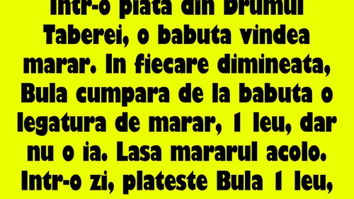 BANC | Într-o piață din Drumul Taberei, o băbuță vindea mărar. În fiecare dimineață, Bulă cumpăra de la băbuță o legătură de mărar, 1 leu, dar nu o ia