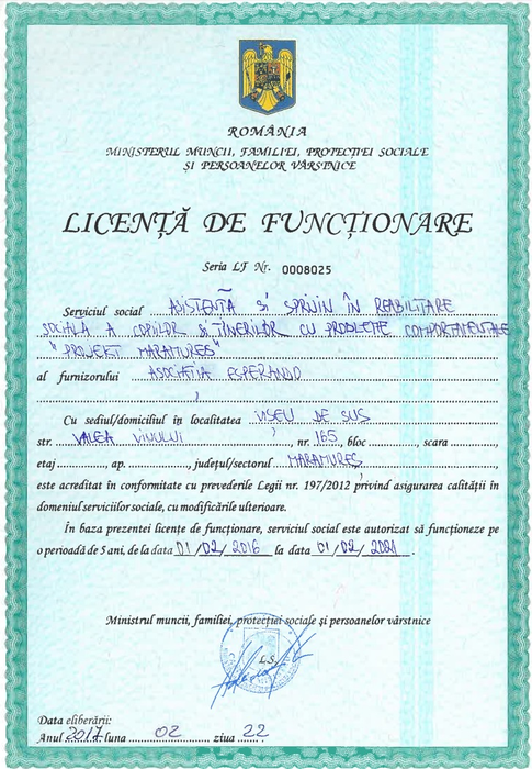 Licența de funcționare a Centrului "Projekt Maramureș"