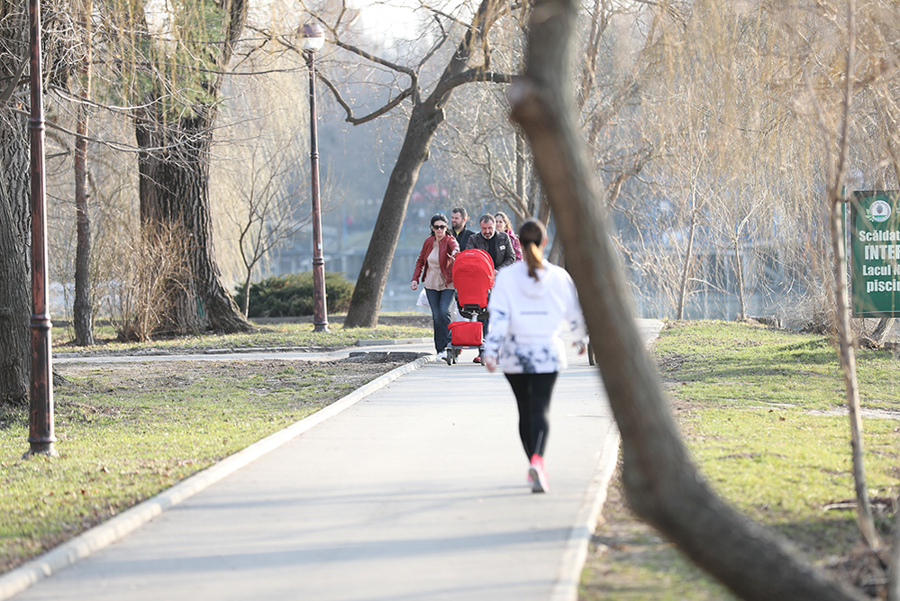 Andreea Pană şi Costică Constanda, în parc, cu copilul lor