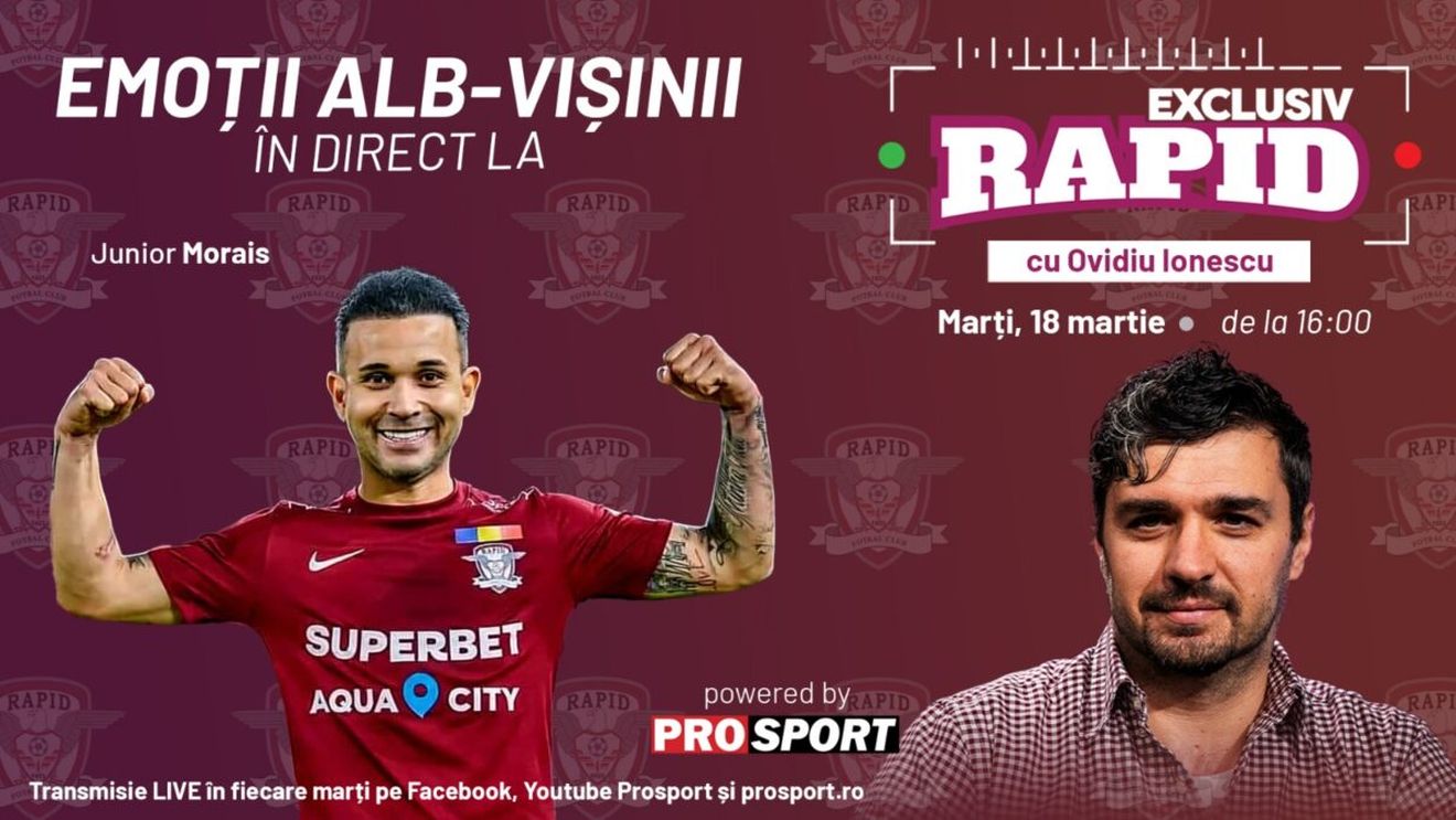 E pauză în liga 1, dar noi nu avem pauză la "EXCLUSIV RAPID". Junior Morais vine în studio la ora 16:00 și avem câteva surprize pregătite pentru voi, rapidiștii