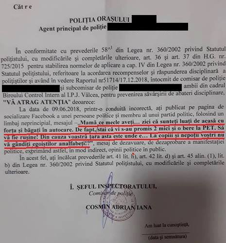 Polițstul vâlcean a fost sancționat pentru comentariile sale