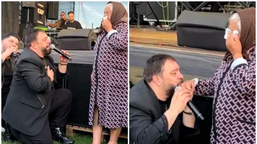 Florin Salam a îngenuncheat în fața unei bătrâne, în timpul unui concert. Gestul i-a înduioșat pe fani. VIDEO