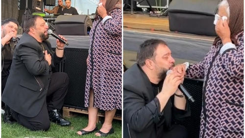 Florin Salam a îngenuncheat în fața unei bătrâne, în timpul unui concert. Gestul i-a înduioșat pe fani. VIDEO