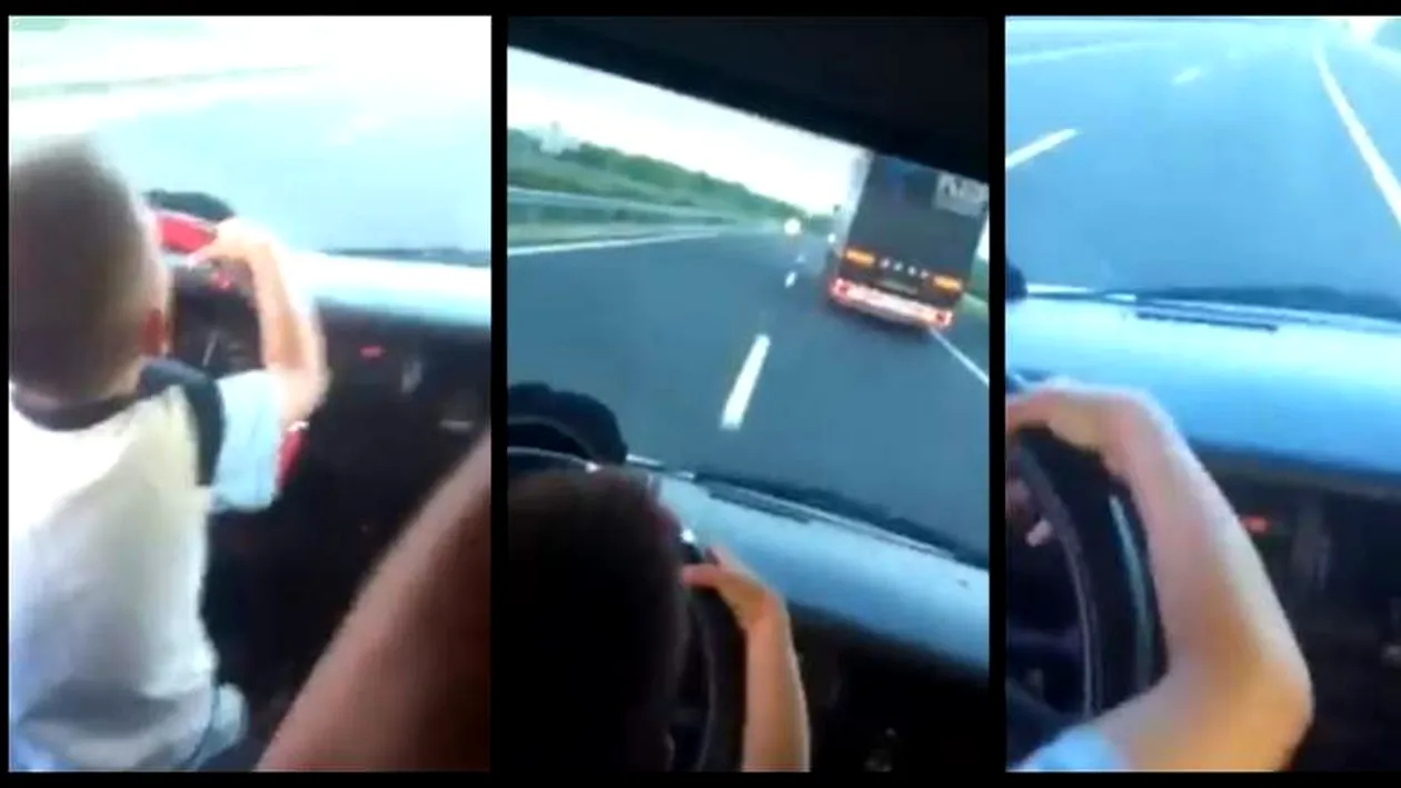 VIDEO incredibil. Un rrom de nici 8 ani conduce singur o mașină, lângă Sibiu! Viteza este amețitoare, iar adulții îl încurajează