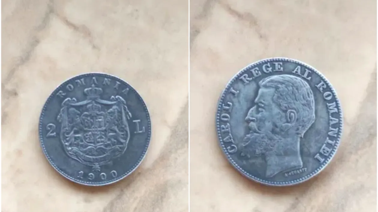 Tu mai ai așa ceva acasă? Cu cât se vinde o monedă de 2 lei din 1900, acum, în anul 2023. Este din argint și are ștanțat chipul lui Carol I al României
