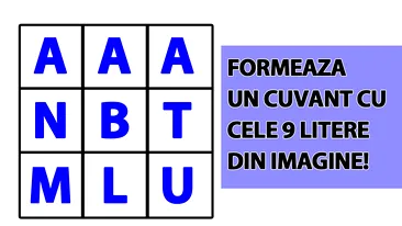 Test de inteligență de rezolvat într-un minut | Formează un cuvânt cu toate cele 9 litere din imagine: A, A, A, N, B, T, M, L, U