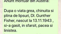 BANC | Anunț mortuar în Austria: După o viață grea, chinuită și plină de lipsuri, domnul Gunther Fisher..
