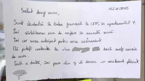 Bilețelul lipit pe afișier prin care o studentă din Cluj și-a anunțat vecinii că "îmi sărbătoresc ziua în această seară". Ce s-a întâmplat la 23:59