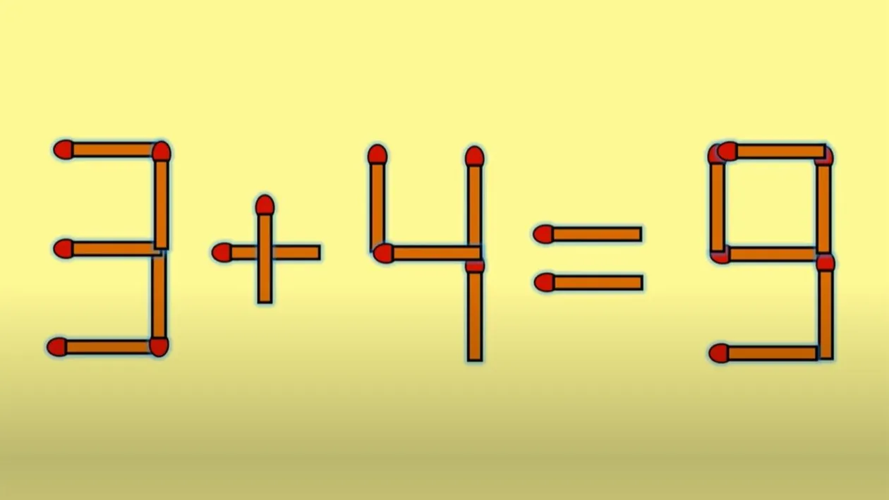 Test IQ cu chibrituri | Mutați un singur băț, pentru a corecta 3 + 4 = 9