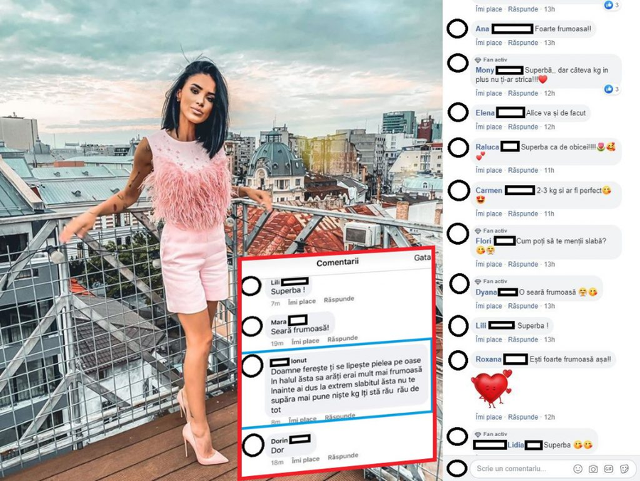Adelina Pestrițu a primit numeroase mesaje negative la această poză din simplu motiv c-ar fi prea slabă. Unul dintre comentariile lăsate de un internaut a fost șters de carismatica vedetă © Facebook