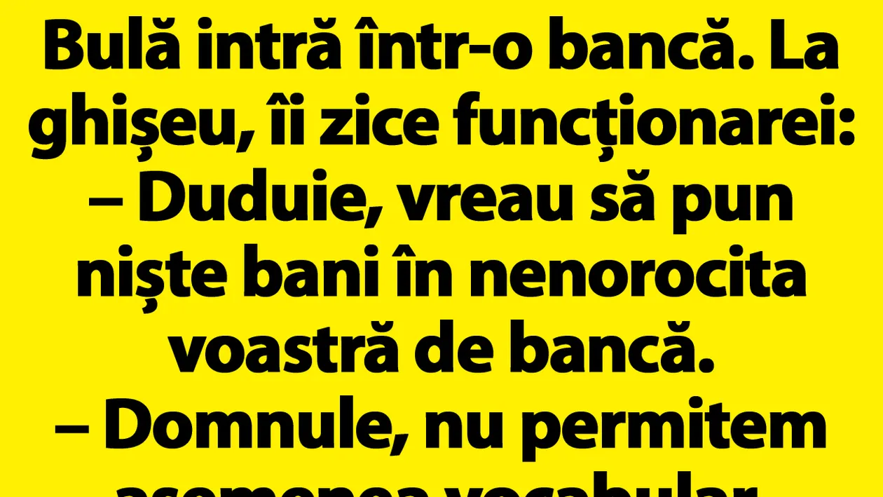 BANC | Bulă intră într-o bancă: Duduie, vreau să pun niște bani în nenorocita voastră de bancă
