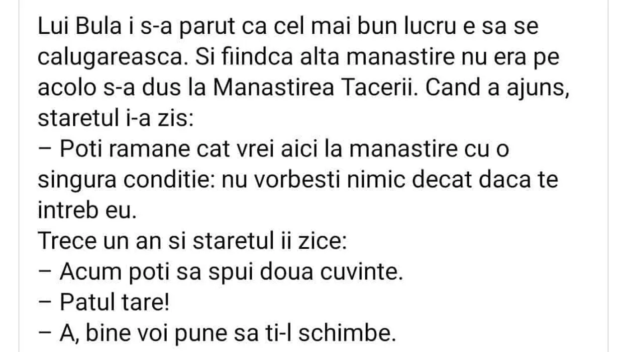 BANC | Bulă a decis să se călugărească. S-a dus la Mânăstirea Tăcerii și starețul i-a spus: Poți rămâne cu o singură condiție