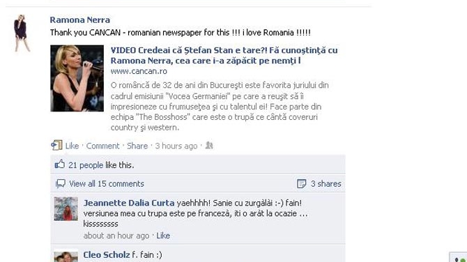 Ramona Nerra, cea care i-a impresionat pe nemti la "Vocea Germaniei", ii multumeste ziarului CANCAN!