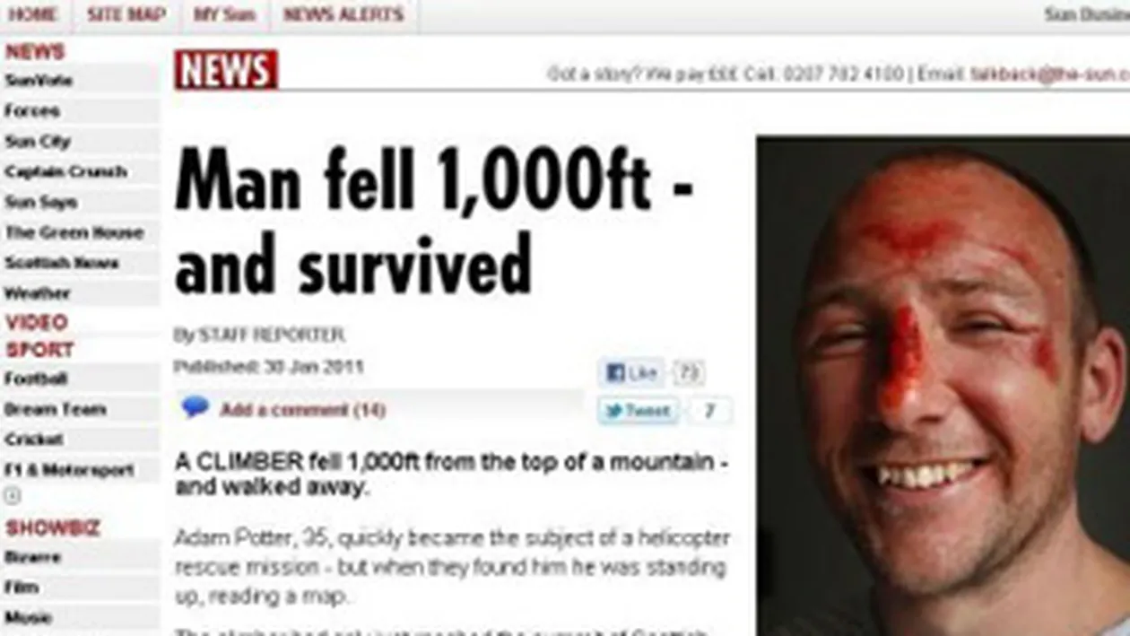 Un barbat a supravietuit unei caderi de 300 de metri, de pe munte