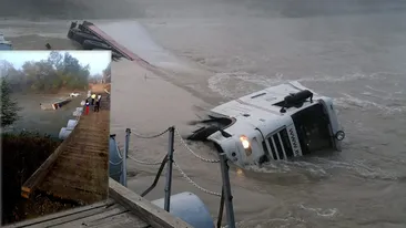 Un tir încărcat cu sticlă s-a răsturnat în apele râului Ialomița. Cum a fost găsit șoferul mastodontului înmatriculat în Ucraina | FOTO