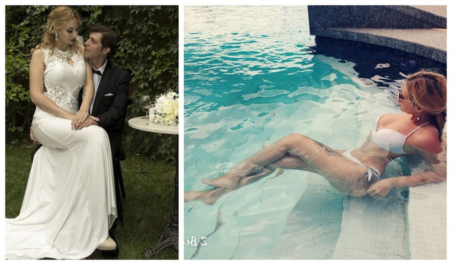 Monica și Alexandru Şalaman, în ziua nunții (foto stânga); soția fostului cântăreț, surprinsă recent la o piscină din Tenerife (foto dreapta). Sursa foto: Facebook