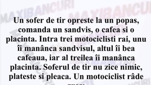 BANC | Un șofer de TIR oprește la un popas și comandă un sandviș, o cafea și o plăcintă