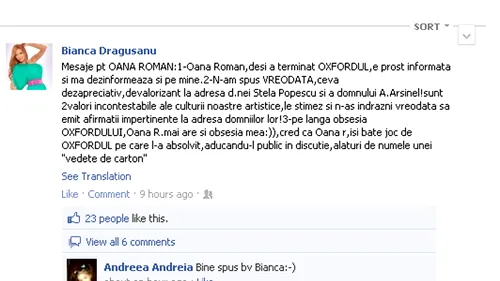 Bianca Dragusanu ii da replica Oanei Roman: E prost informata si isi bate joc de Oxfordul pe care l-a absolvit!