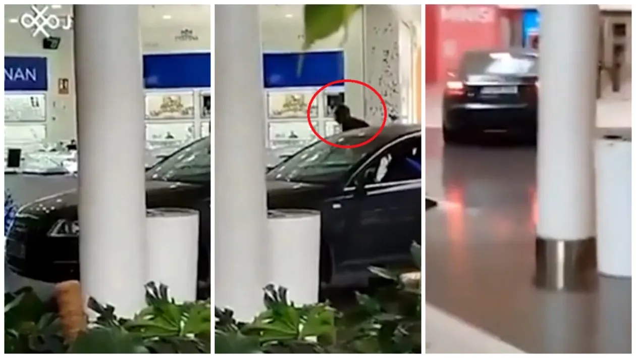 Jaf ca în filme într-un mall! Hoții au intrat cu mașina prin ușile de sticlă și în doar câteva secunde au devastat o bijuterie