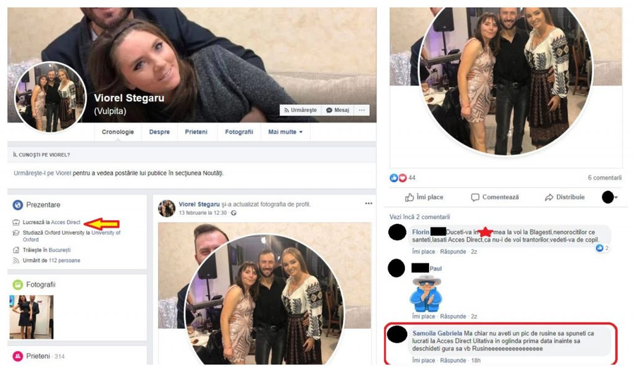 Mai mulți internauți i-au criticat pe Vulpița și soțul ei, după ce au scris pe contul lor de pe cea mai puternică reţea socială la nivel mondial că lucrează la “Acces Direct” © Facebook