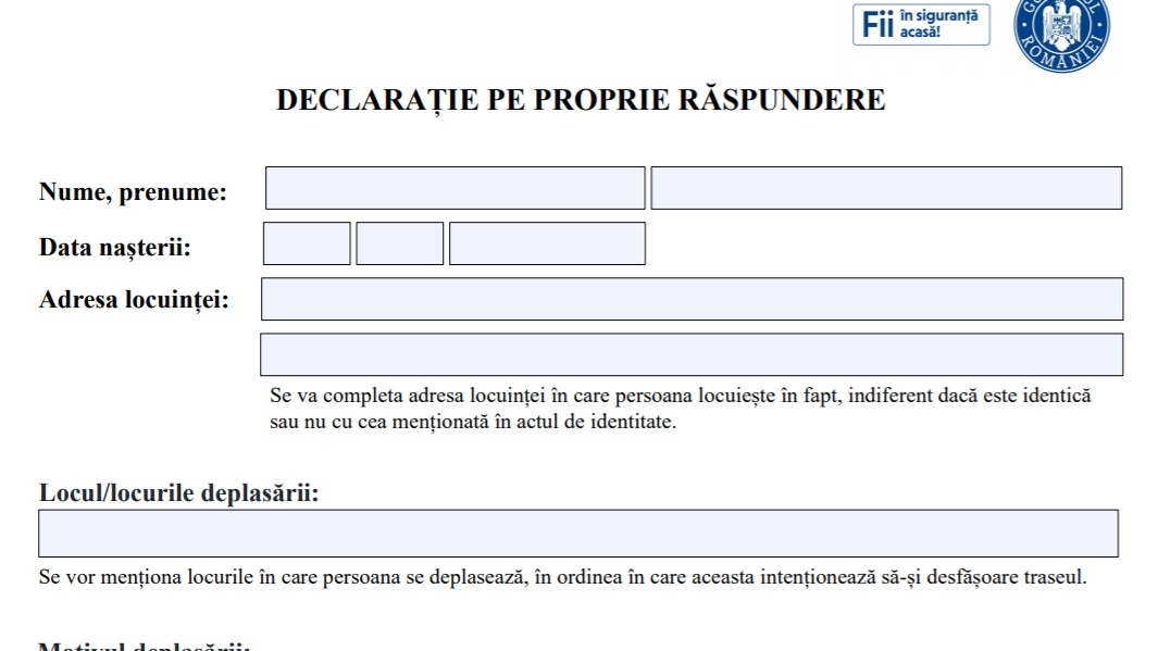 Acesta este modelul noii declarații pe propria răspundere. Interdicţia de circulaţie după ora 22:00, valabilă de duminică