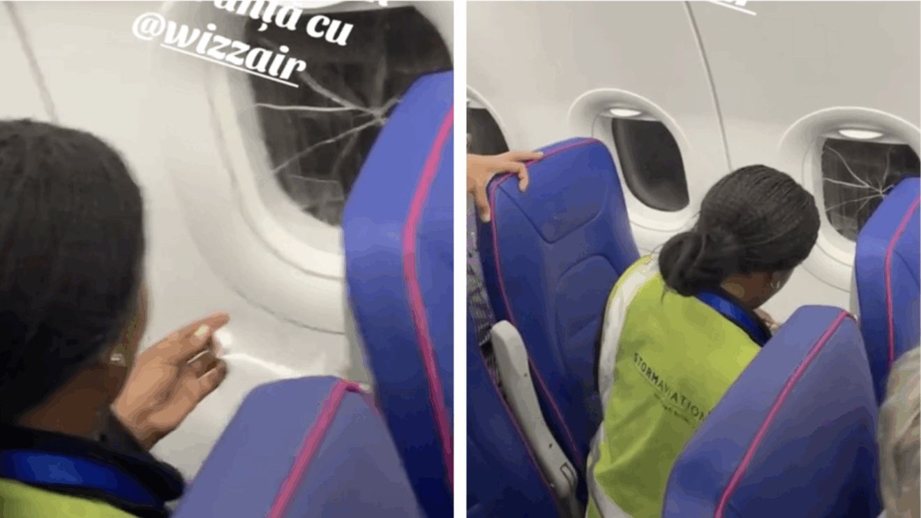 Pasagerii în alertă! Geam spart la Wizz Air, lipit cu scotch înainte de decolare