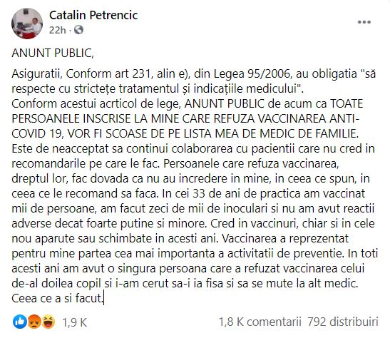 Un doctor din Călărași, anunț tranșant pentru pacienții care refuză vaccinarea anti-COVID: “Vor fi scoși din lista mea de medic de familie”