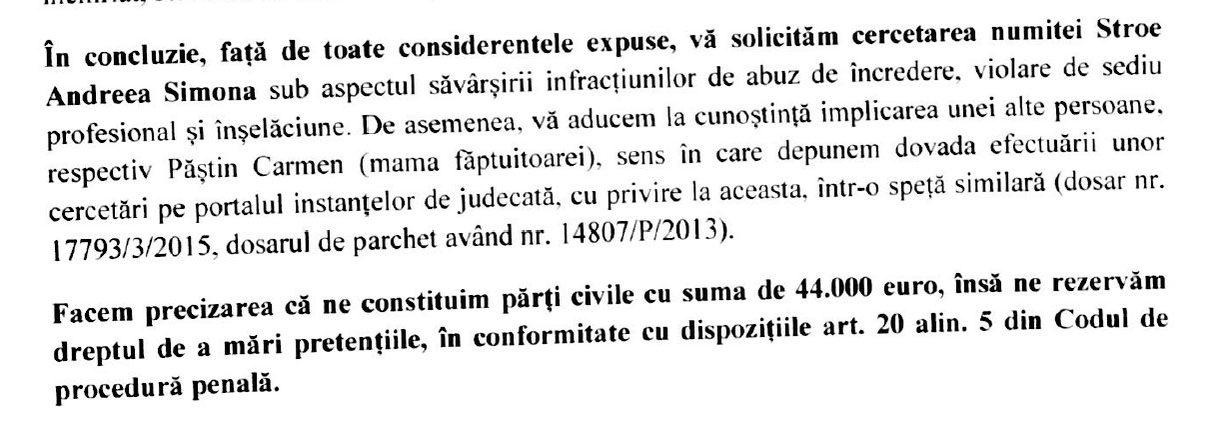 Plângere penală către Parchetul de pe lângă Judecătoria Sectorului 1