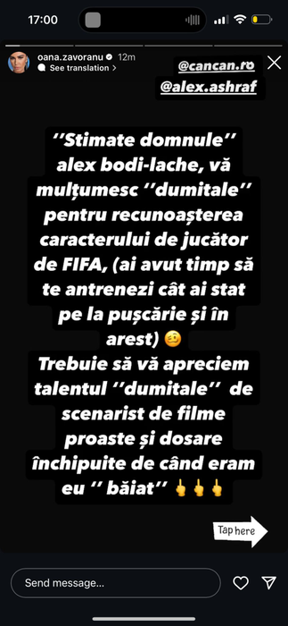 Oana Zăvoranu îl ”pulverizează” pe Alex Bodi cu un mesaj halucinant! ”Mi-a fost teamă că îmi poți fura colanții!”