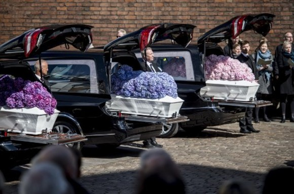 The funeral service for the three children of CEO of clothing brand Bestseller, Anders Holch Povlsen and wife Anne, who were victims of the April 21st Sri Lanka terror attack takes place at Aarhus Cathedral
on May 4, 2019. (Photo by Mads Claus Rasmussen / Ritzau Scanpix / AFP) / Denmark OUT