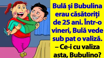BANC | Bulă și Bubulina erau căsătoriți de 25 ani. Într-o vineri, Bulă vede sub pat o valiză