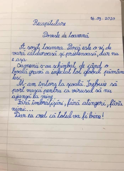 Copiii au scris în compunerile despre toamnă cum i-a afectat pandemia de coronavirus