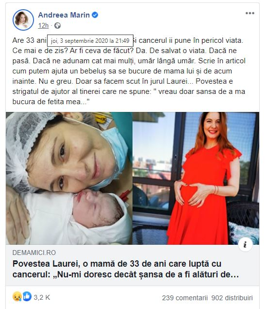 Andreea Marin, strigăt disperat pentru salvarea unei mame de 33 de ani: “Cancerul îi pune viața în pericol. Putem ajuta un bebeluș să…”
