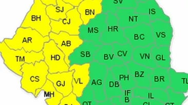 AVERTIZARE Cod galben de ploi torentiale si caderi de grindina pentru jumatatea de vest a tarii!