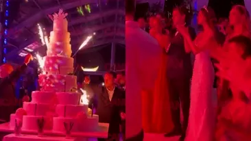 Ianis şi Elena Hagi, tort gigantic la nuntă! A avut 8 etaje, 5 oameni s-au luptat să aprindă artificiile VIDEO