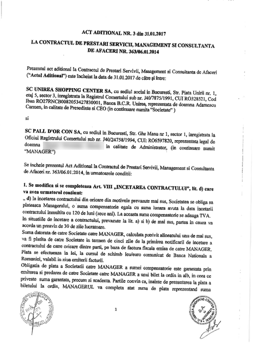 Act adiţional la contractul dintre Unirea Shopping Center şi PALL D'OR CON SA
