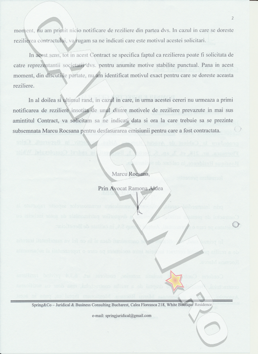 O parte dintre notificările înaintate de avocatul Rocsanei Marcu în vederea dezvăluirii motivelor care au dus scoaterea ei de la cârma emisiunii ”Agenţia VIP”