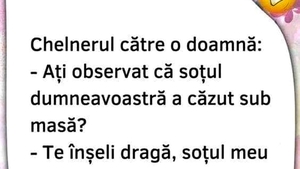 BANC | "Doamnă, ați observat că soțul dumneavoastră a căzut sub masă?"