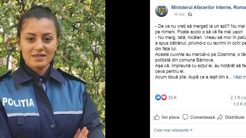 Îți dau lacrimile! Ce a făcut o polițistă din Iași pentru un bătrân singur: ”Vreau să mor în patul meu!”